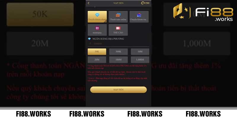 Hướng dẫn các phương thức nạp tiền fi88